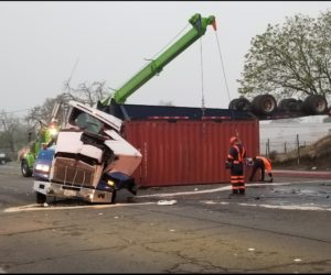 BIG RIG CRASHES DOWN FROM HIGHWAY 99 IN MERCED