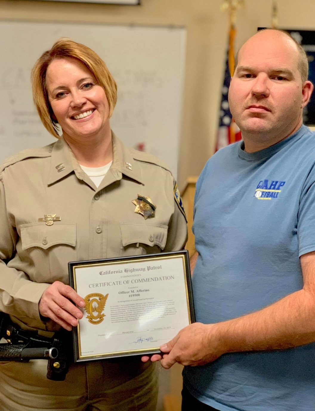 Merced Off-duty CHP officer saves a life, receives a commanders commendation