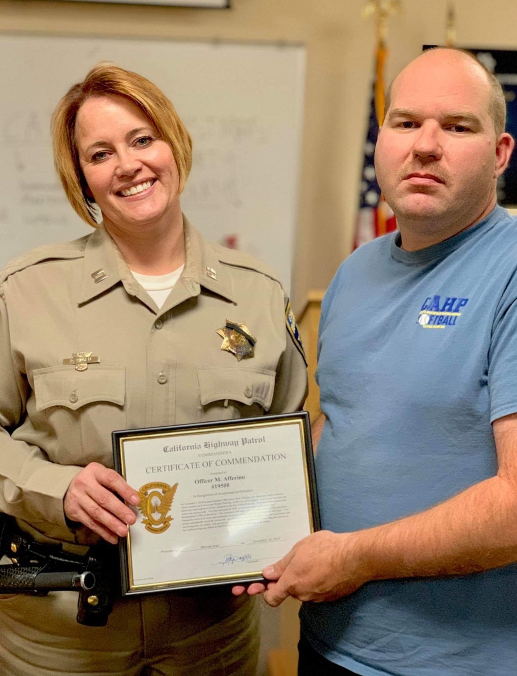 Merced Off-duty CHP officer saves a life, receives a commanders commendation