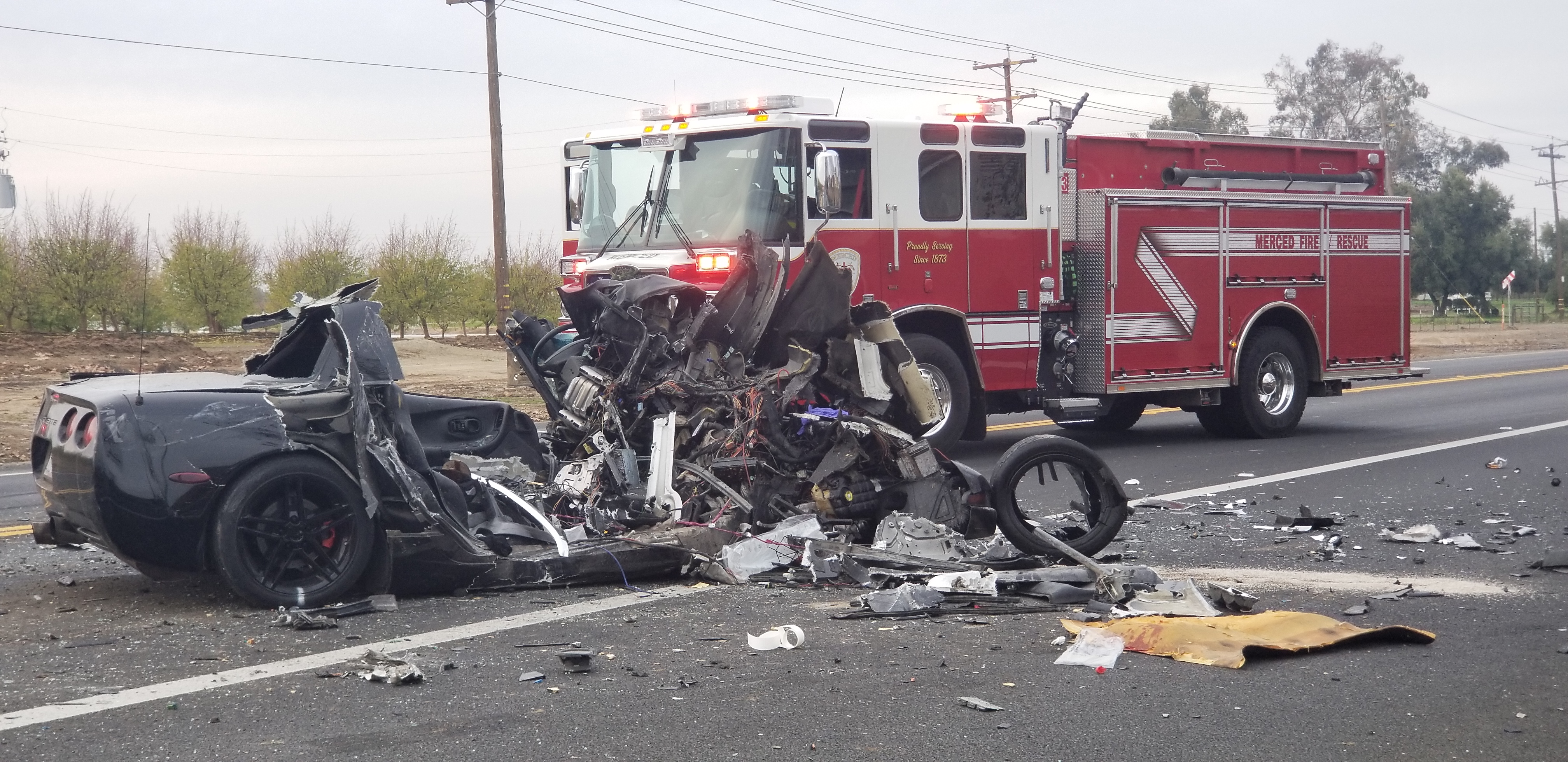 CORVETTE CRASHES WITH TRUCK IN MERCED MAJOR DAMAGE