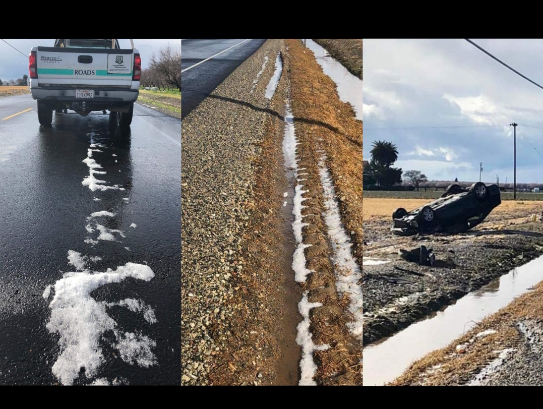 The icy road in Merced County caused the vehicle to roll over