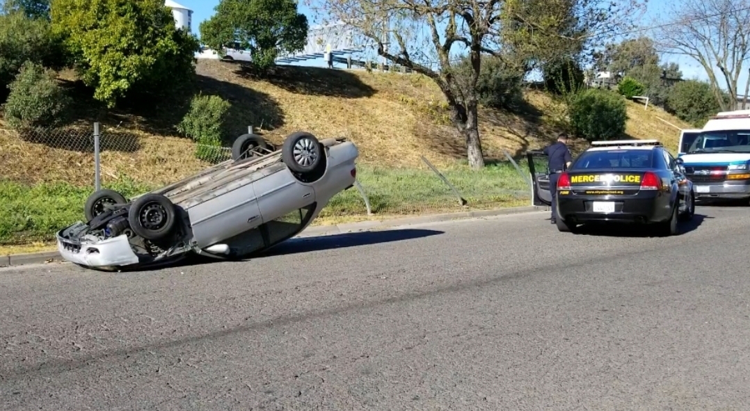 Vehicle overturns next to Smart and Final in Merced