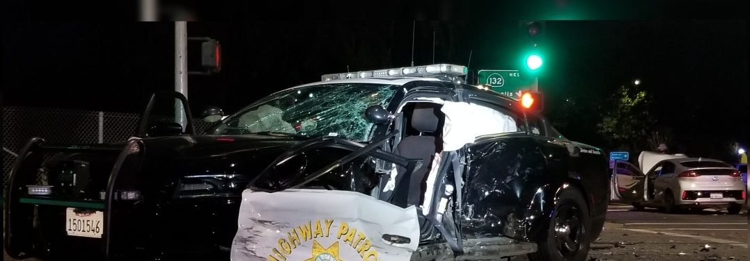 CHP Officer involved in collision with two vehicles, all drivers taken to a Modesto hospital